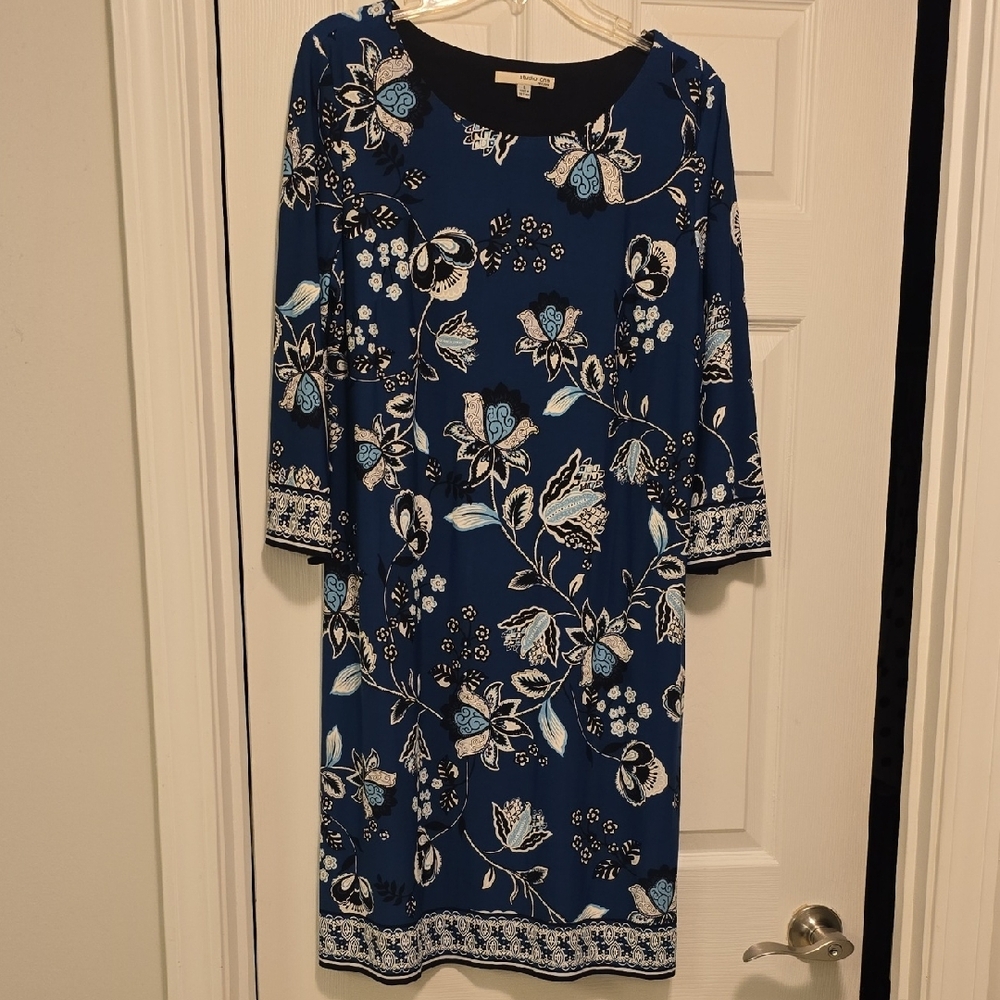 Studio One Blue Sheath Dress with Cuffed 3/4 Sleeves